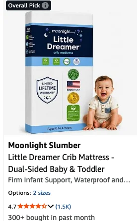 Moonlight Slumber Little Dreamer crib mattress Amazon listing card