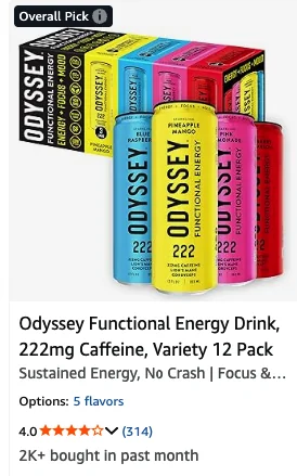 Odyssey Functional Energy Drink 12-pack Amazon listing card