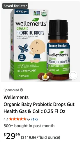Wellements organic baby probiotic drops Amazon listing card