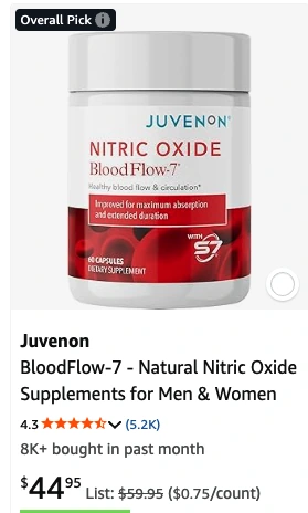 Juvenon BloodFlow-7 Natural Nitric Oxide Supplements Amazon Overall Pick listing card