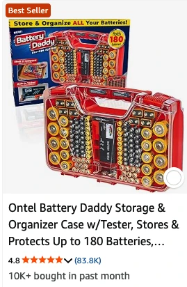 Ontel Battery Daddy Storage & Organizer Case w/Tester Amazon Best Seller listing card